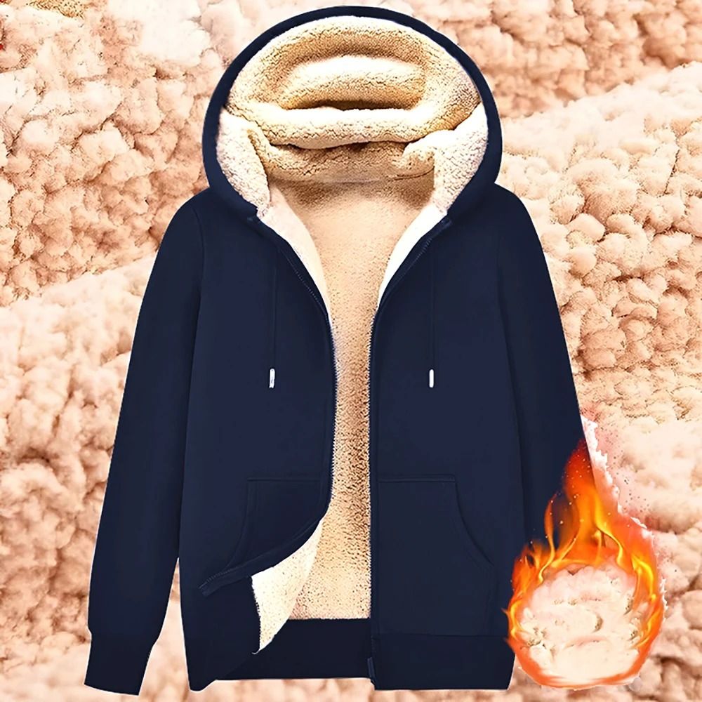 Unisex Lamb Wool Zipper Jacket with Plush Lining and Front Pockets for Winter Warmth