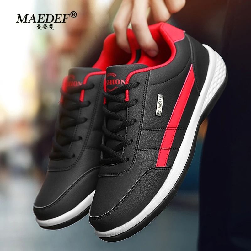 Mens Waterproof Leather Lace Up Casual Sneakers Comfortable Vulcanized Everyday Walking Shoes