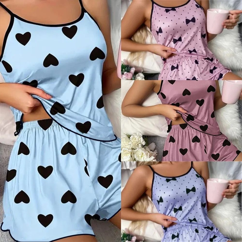 Womens Summer Pajama Set with Heart Print T Shirt and Shorts