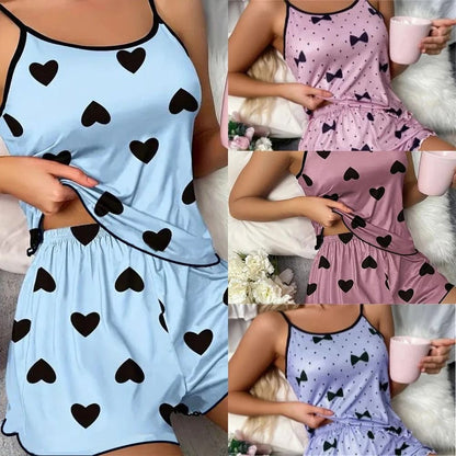 Womens Summer Pajama Set with Heart Print T Shirt and Shorts