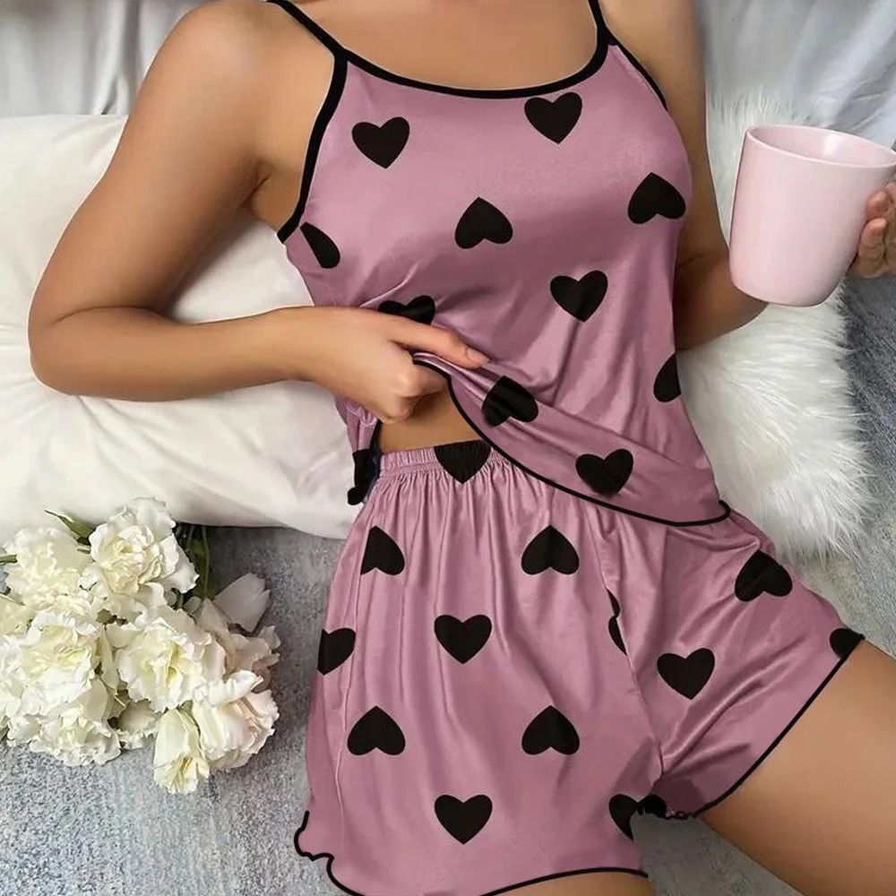 Womens Summer Pajama Set with Heart Print T Shirt and Shorts