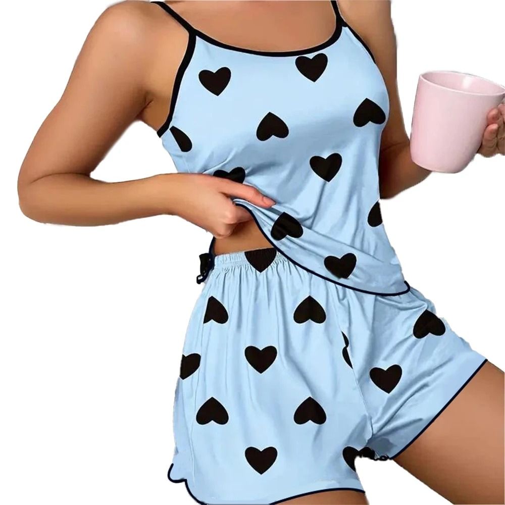 Womens Summer Pajama Set with Heart Print T Shirt and Shorts