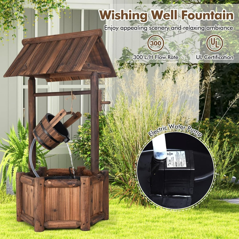 Old-Fashioned Wood Waterfall Fountain with Bucket Pump, Rustic Farmhouse Decoration for Garden, Backyard, Outdoor Decor