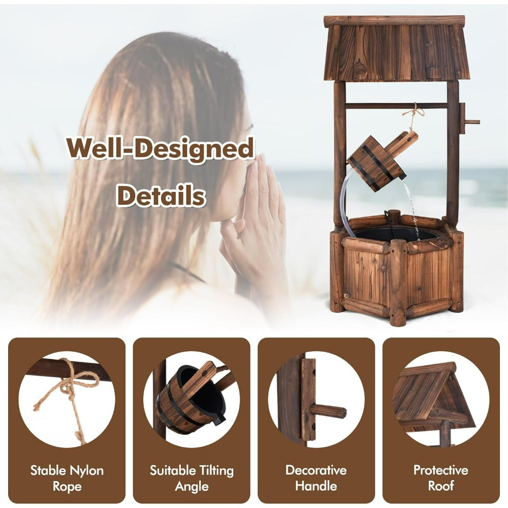 Old-Fashioned Wood Waterfall Fountain with Bucket Pump, Rustic Farmhouse Decoration for Garden, Backyard, Outdoor Decor