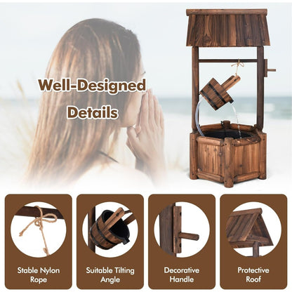 Old-Fashioned Wood Waterfall Fountain with Bucket Pump, Rustic Farmhouse Decoration for Garden, Backyard, Outdoor Decor