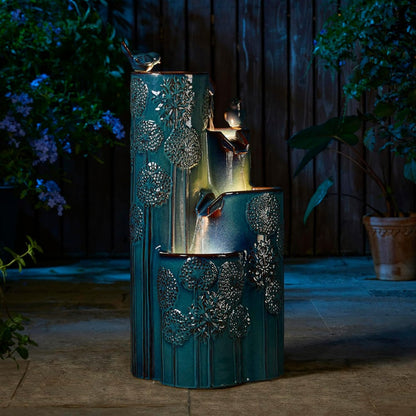 31.75 H Outdoor Water Fountain with LED Lights and Pump, Dandelion Texture Vase Shaped Ceramic Floor Standing Fountain