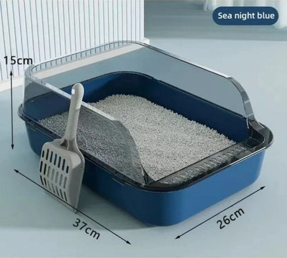 Semi-Enclosed Cat Litter Box with Splash Guard and Cleaning Basin