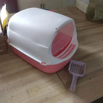 Semi-Enclosed Cat Litter Box with Splash Guard and Cleaning Basin
