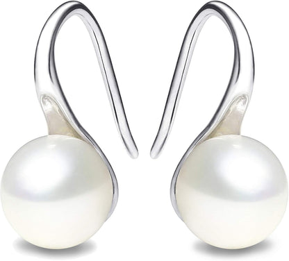 Silver Plated Gold Plated Hoop Freshwater Pearl Drop Earrings, Handpicked White Cultured Pearl Dangle Jewelry for Women