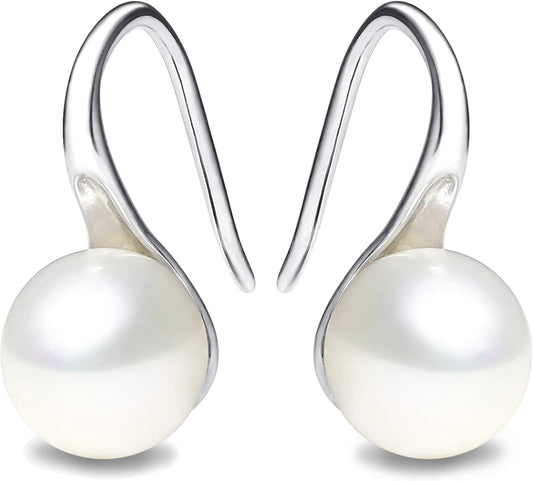 Silver Plated Gold Plated Hoop Freshwater Pearl Drop Earrings, Handpicked White Cultured Pearl Dangle Jewelry for Women