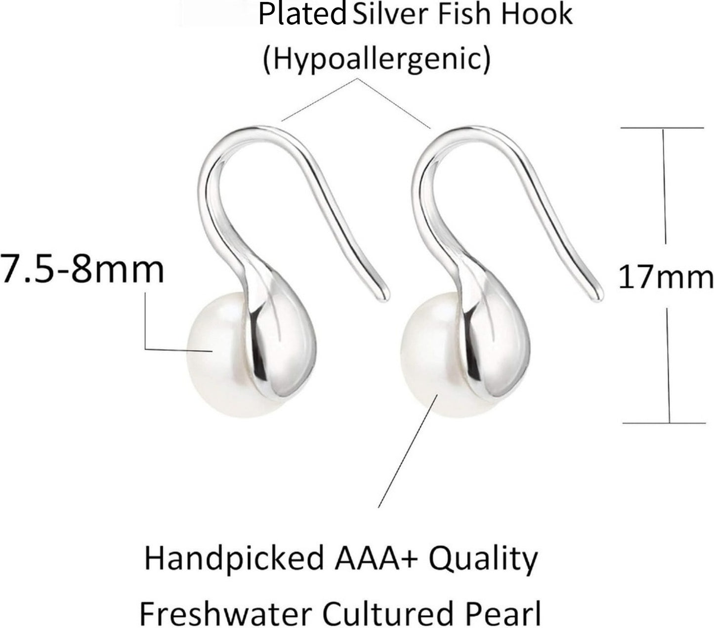 Silver Plated Gold Plated Hoop Freshwater Pearl Drop Earrings, Handpicked White Cultured Pearl Dangle Jewelry for Women
