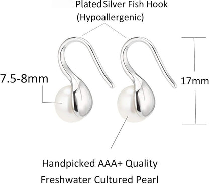 Silver Plated Gold Plated Hoop Freshwater Pearl Drop Earrings, Handpicked White Cultured Pearl Dangle Jewelry for Women