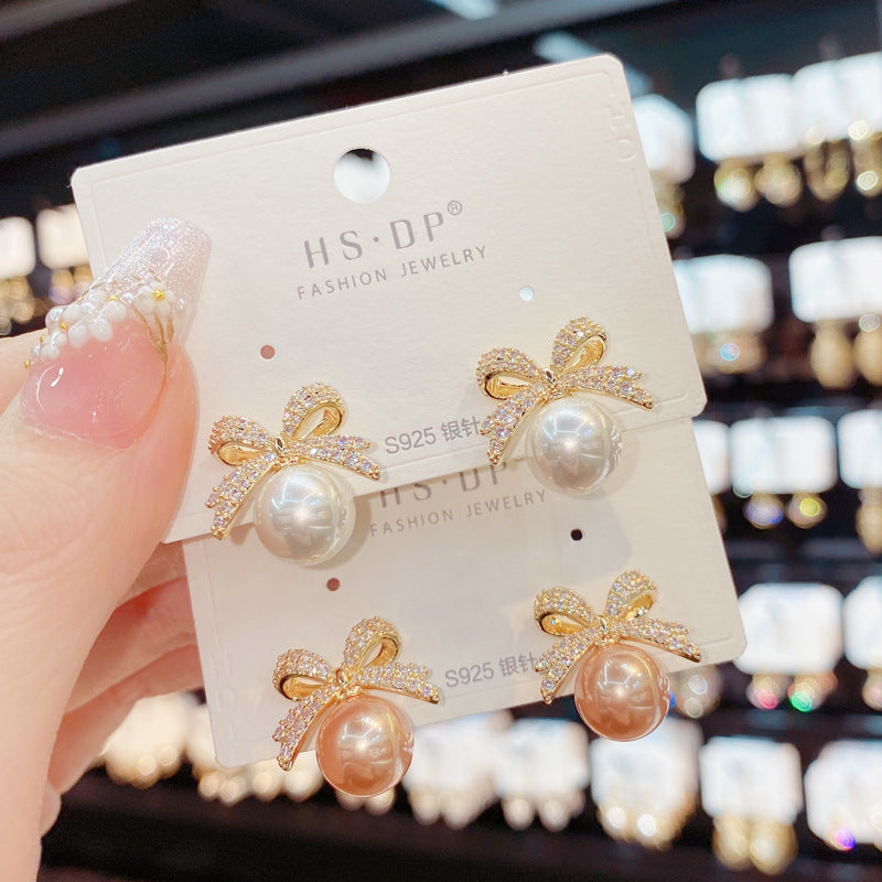 Sparkling Rhinestone Bow Pearl Stud Earrings, Light Luxury Fashion Jewelry for Women, Perfect Gift for Wedding, Birthday