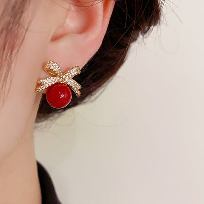 Sparkling Rhinestone Bow Pearl Stud Earrings, Light Luxury Fashion Jewelry for Women, Perfect Gift for Wedding, Birthday