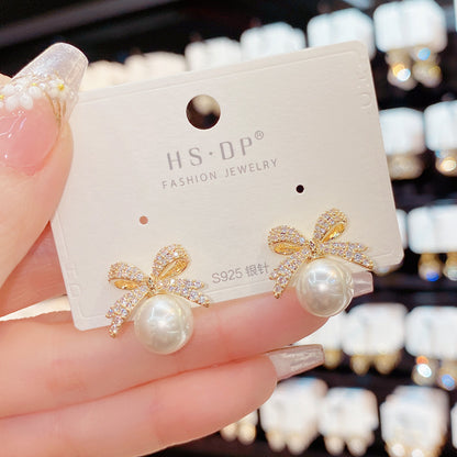 Sparkling Rhinestone Bow Pearl Stud Earrings, Light Luxury Fashion Jewelry for Women, Perfect Gift for Wedding, Birthday