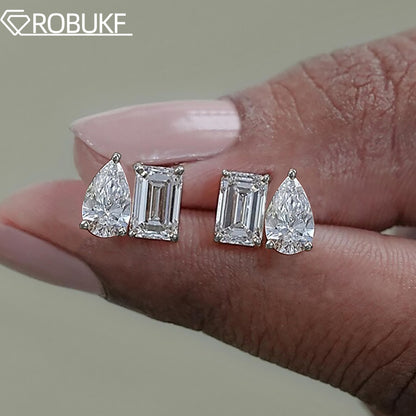 Emerald & Pear Cut Moissanite Diamond Earrings for Women, Sterling Silver Two Stone Stud Earrings
