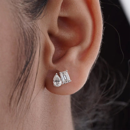 Emerald & Pear Cut Moissanite Diamond Earrings for Women, Sterling Silver Two Stone Stud Earrings