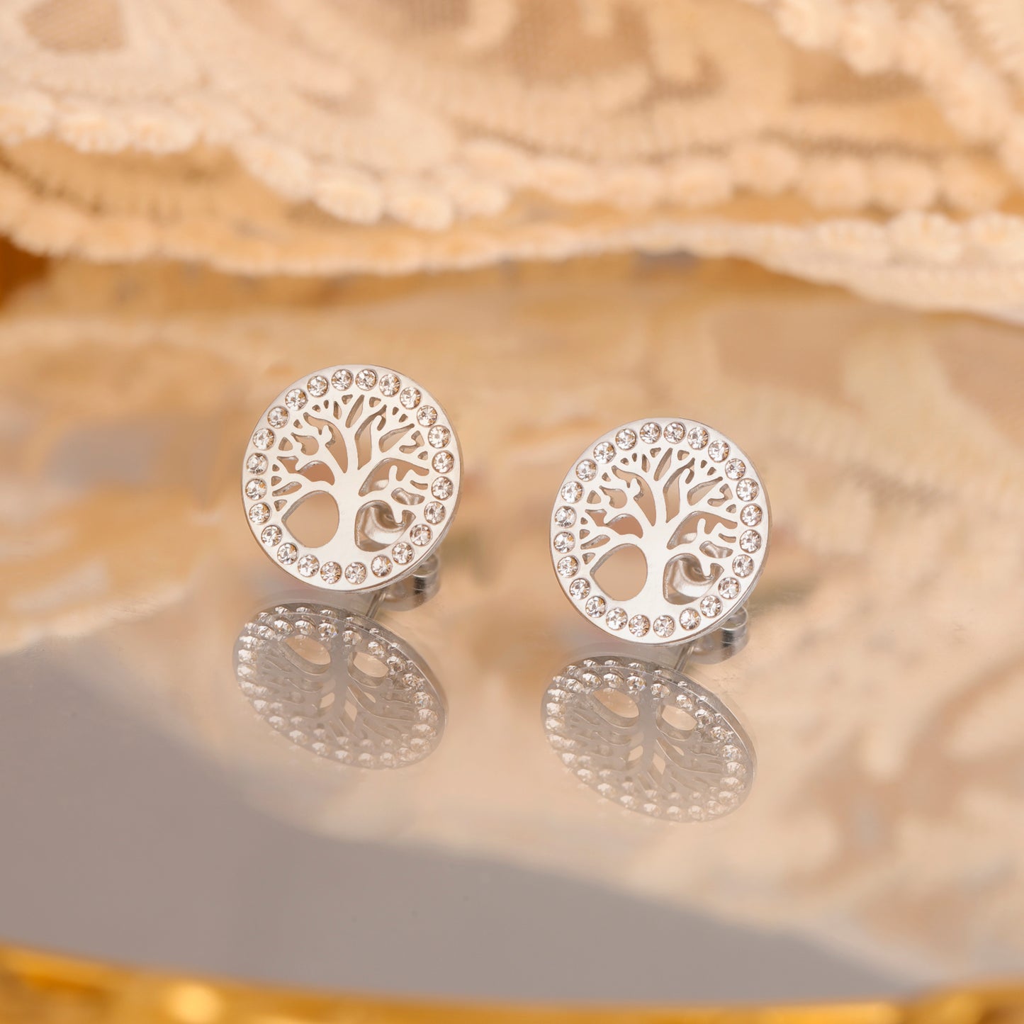 Skyrim Tree of Life Earrings, Gold Color Stainless Steel Stud Earrings with Clear Zircon, Vintage Amulet Jewelry