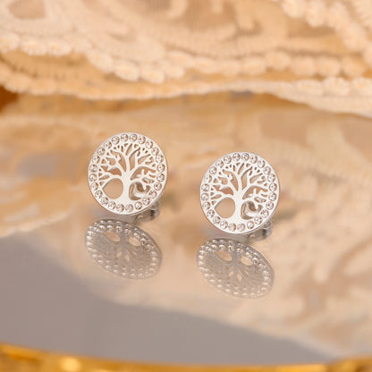 Skyrim Tree of Life Earrings, Gold Color Stainless Steel Stud Earrings with Clear Zircon, Vintage Amulet Jewelry