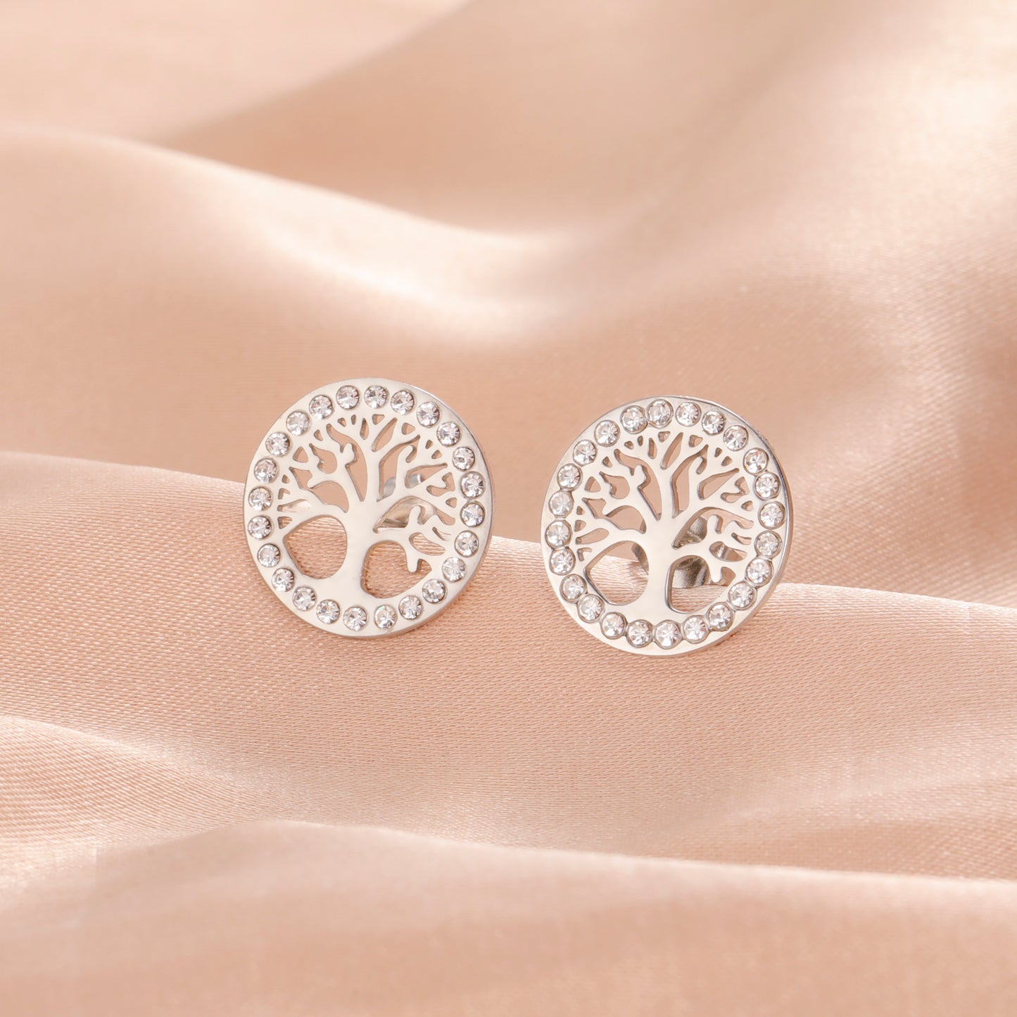 Skyrim Tree of Life Earrings, Gold Color Stainless Steel Stud Earrings with Clear Zircon, Vintage Amulet Jewelry