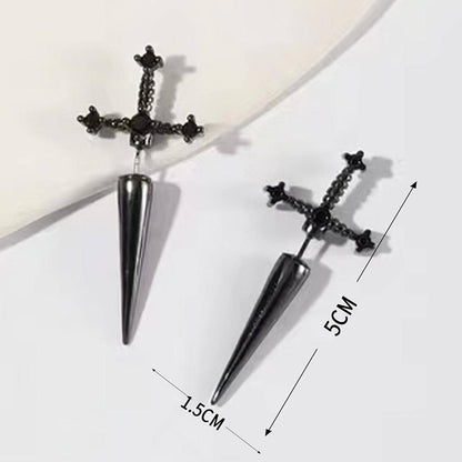 Hip Hop Cross Sword Stud Earrings for Women, Classic Black Crystal Stone Silver Ox Gold & Black Color Simple Jewelry