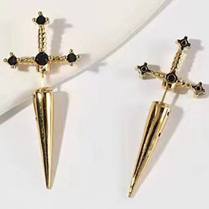 Hip Hop Cross Sword Stud Earrings for Women, Classic Black Crystal Stone Silver Ox Gold & Black Color Simple Jewelry