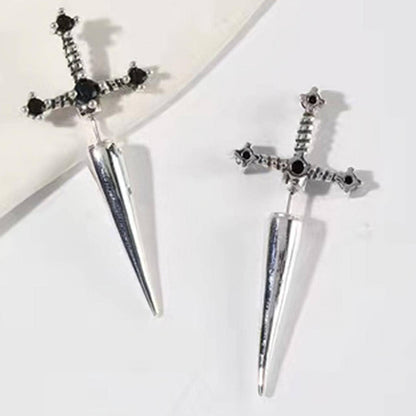 Hip Hop Cross Sword Stud Earrings for Women, Classic Black Crystal Stone Silver Ox Gold & Black Color Simple Jewelry