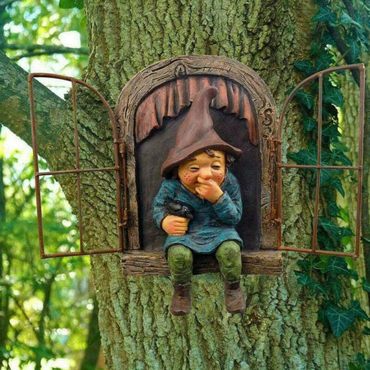 Naughty Garden Gnome Statue, Elf Out The Door Tree Hugger for Home & Yard Decor