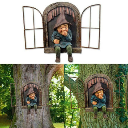 Naughty Garden Gnome Statue, Elf Out The Door Tree Hugger for Home & Yard Decor