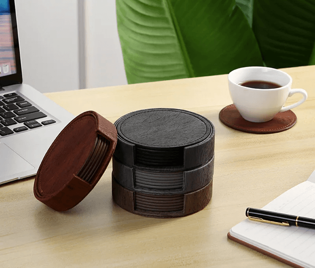 Elegant Wood Grain Leather Drink Coasters Set 6 Piece Insulated Non Stick Cup Placemats