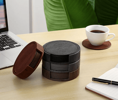 Elegant Wood Grain Leather Drink Coasters Set 6 Piece Insulated Non Stick Cup Placemats