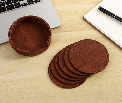 Elegant Wood Grain Leather Drink Coasters Set 6 Piece Insulated Non Stick Cup Placemats