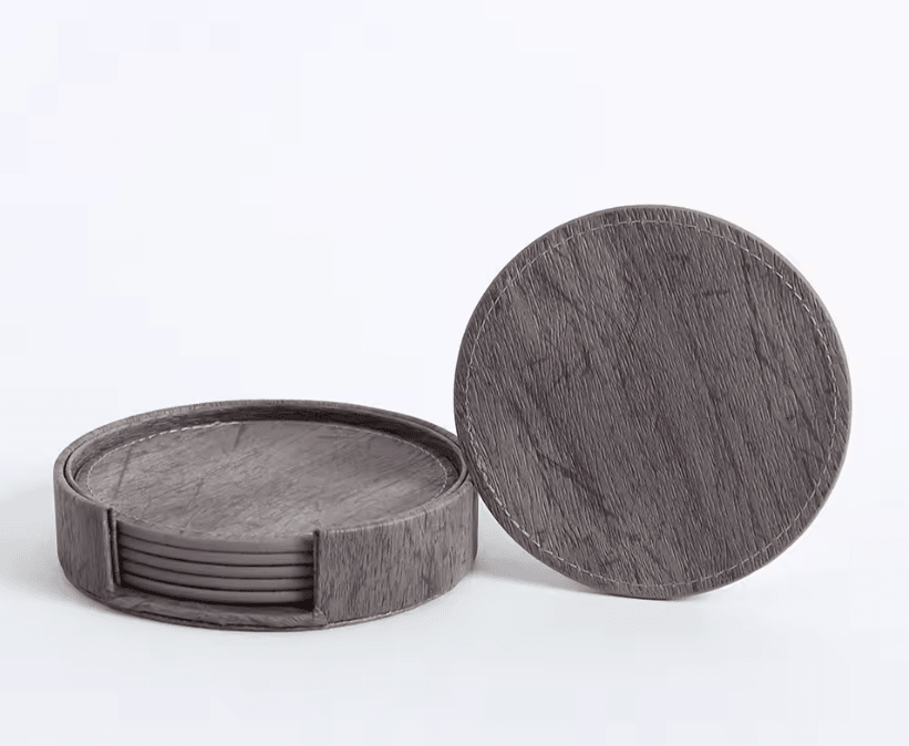 Elegant Wood Grain Leather Drink Coasters Set 6 Piece Insulated Non Stick Cup Placemats