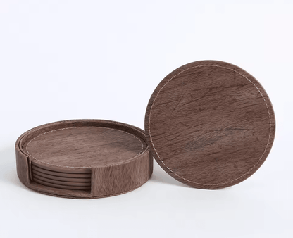 Elegant Wood Grain Leather Drink Coasters Set 6 Piece Insulated Non Stick Cup Placemats