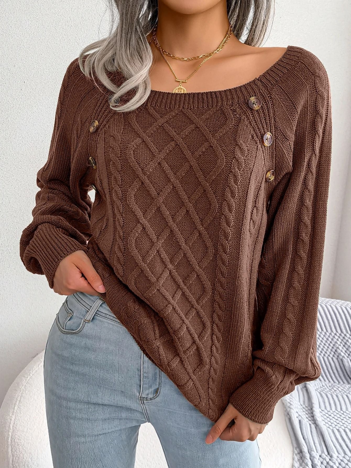 Women Casual Square Neck Button Sweater Long Sleeve Knit Pullover for Fall and Winter Style