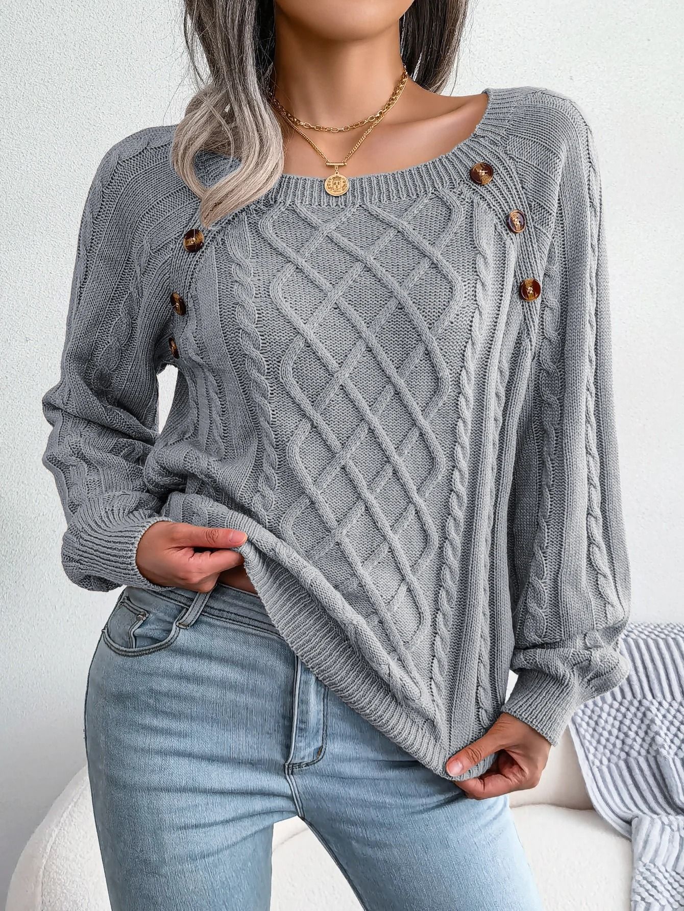 Women Casual Square Neck Button Sweater Long Sleeve Knit Pullover for Fall and Winter Style