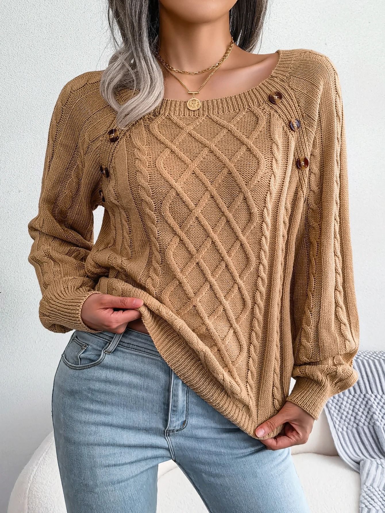 Women Casual Square Neck Button Sweater Long Sleeve Knit Pullover for Fall and Winter Style