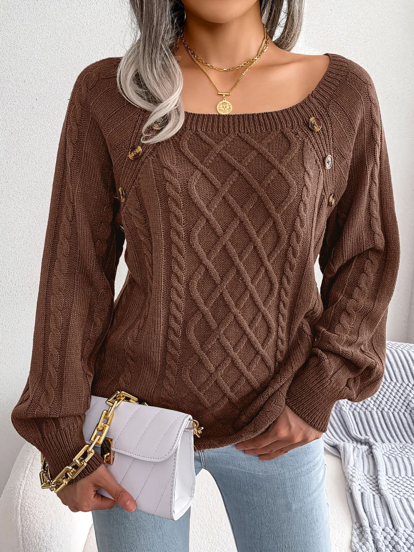 Women Casual Square Neck Button Sweater Long Sleeve Knit Pullover for Fall and Winter Style