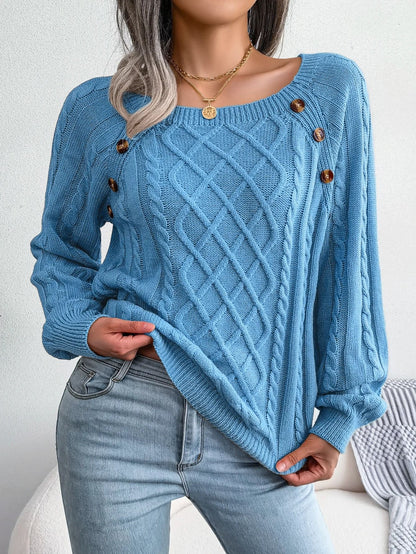 Women Casual Square Neck Button Sweater Long Sleeve Knit Pullover for Fall and Winter Style
