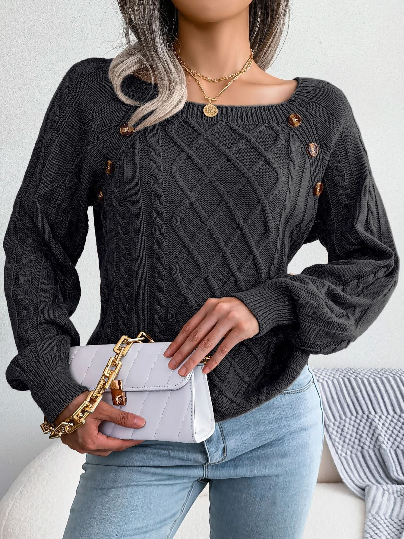 Women Casual Square Neck Button Sweater Long Sleeve Knit Pullover for Fall and Winter Style