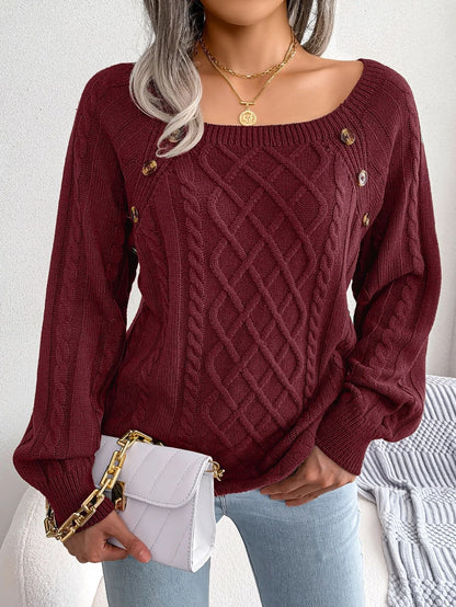 Women Casual Square Neck Button Sweater Long Sleeve Knit Pullover for Fall and Winter Style