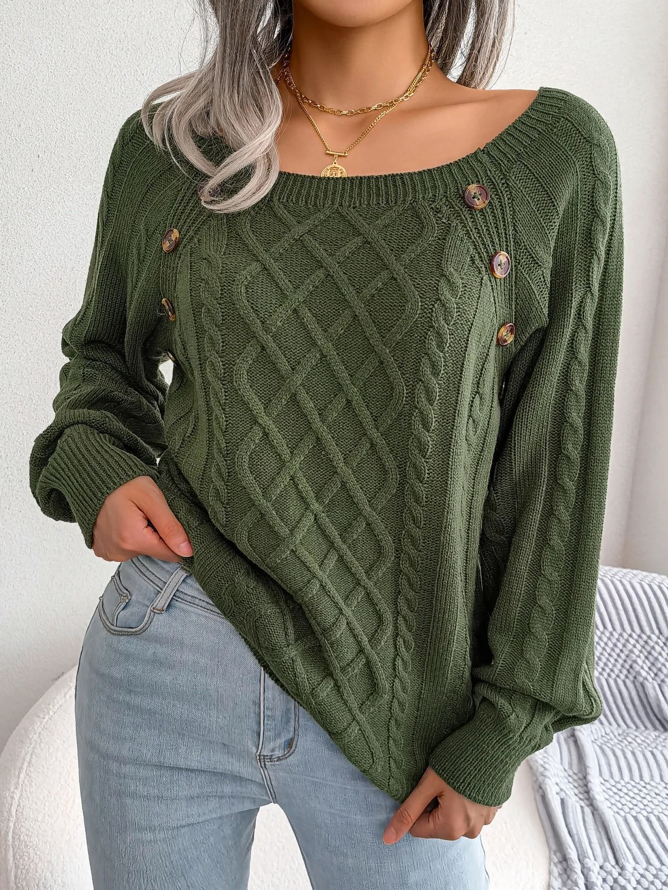Women Casual Square Neck Button Sweater Long Sleeve Knit Pullover for Fall and Winter Style