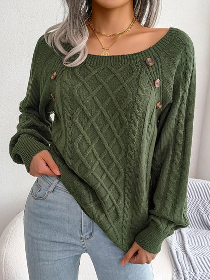 Women Casual Square Neck Button Sweater Long Sleeve Knit Pullover for Fall and Winter Style