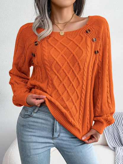 Women Casual Square Neck Button Sweater Long Sleeve Knit Pullover for Fall and Winter Style