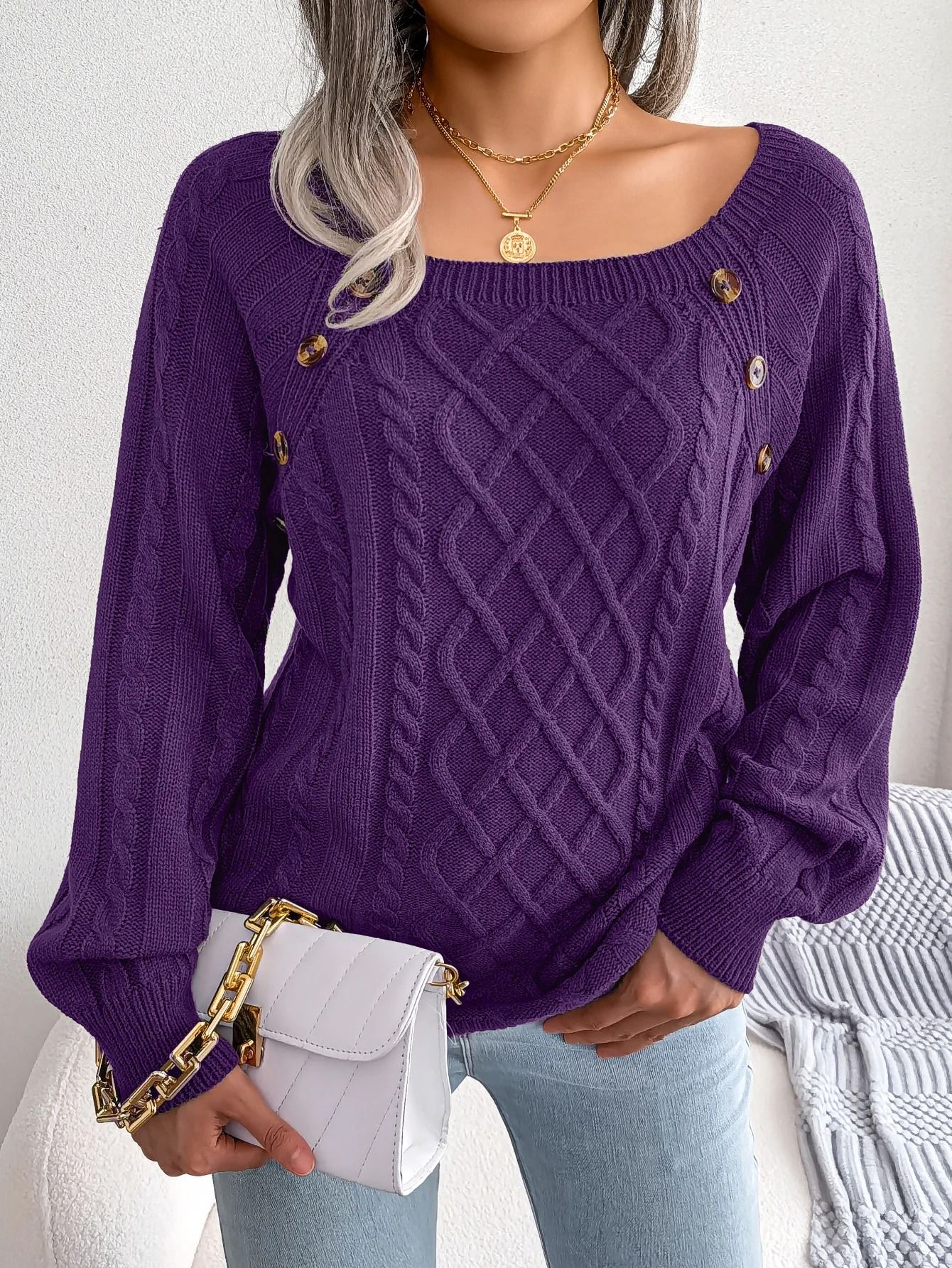 Women Casual Square Neck Button Sweater Long Sleeve Knit Pullover for Fall and Winter Style