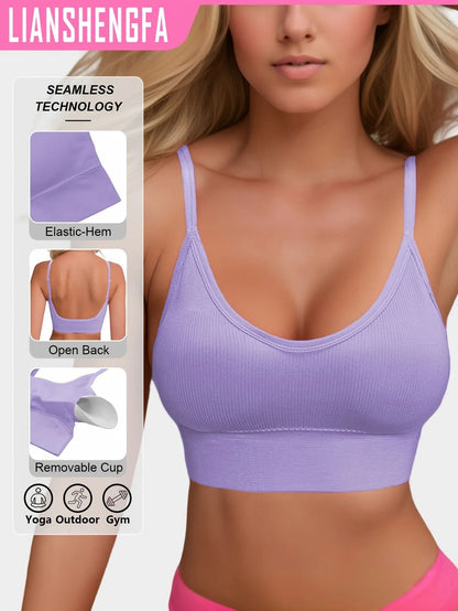 Womens Halterneck Backless Sports Bra with Ribbed Knit Fabric for Yoga and Activewear
