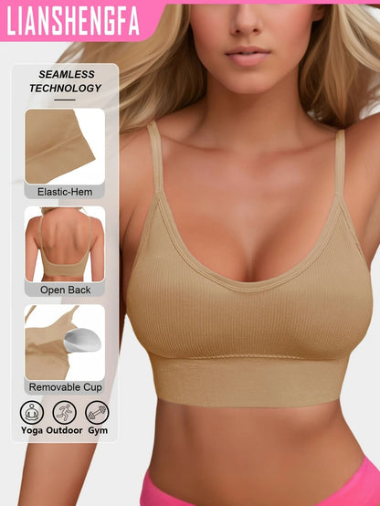 Womens Halterneck Backless Sports Bra with Ribbed Knit Fabric for Yoga and Activewear
