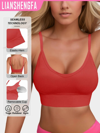 Womens Halterneck Backless Sports Bra with Ribbed Knit Fabric for Yoga and Activewear