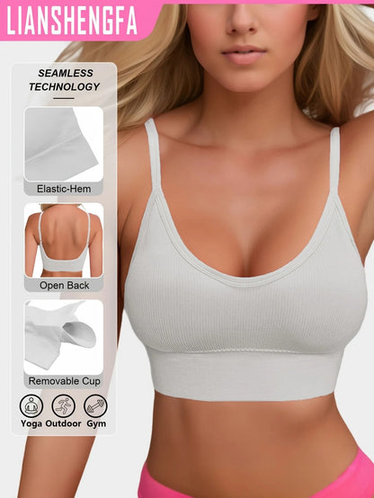 Womens Halterneck Backless Sports Bra with Ribbed Knit Fabric for Yoga and Activewear