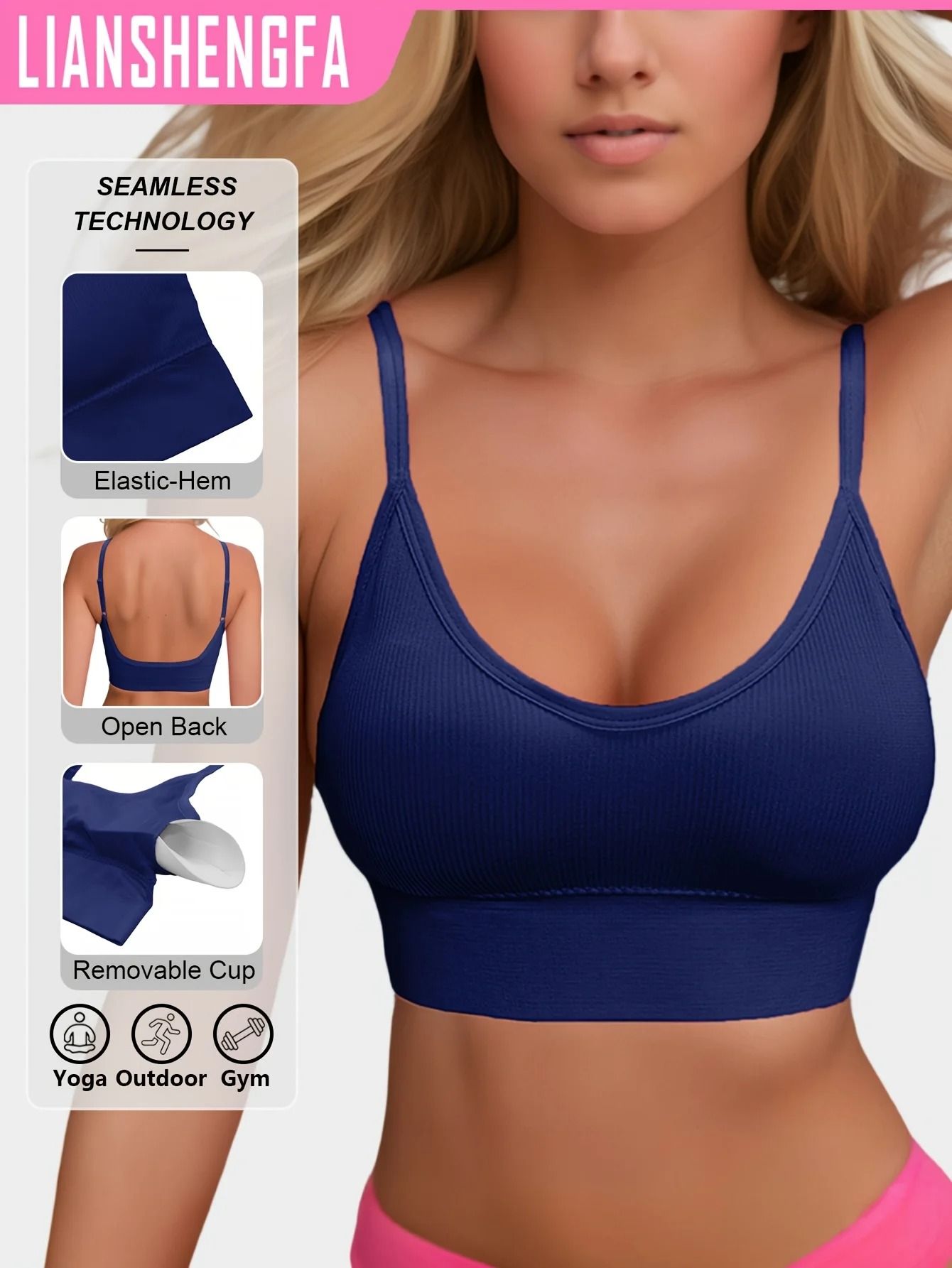 Womens Halterneck Backless Sports Bra with Ribbed Knit Fabric for Yoga and Activewear